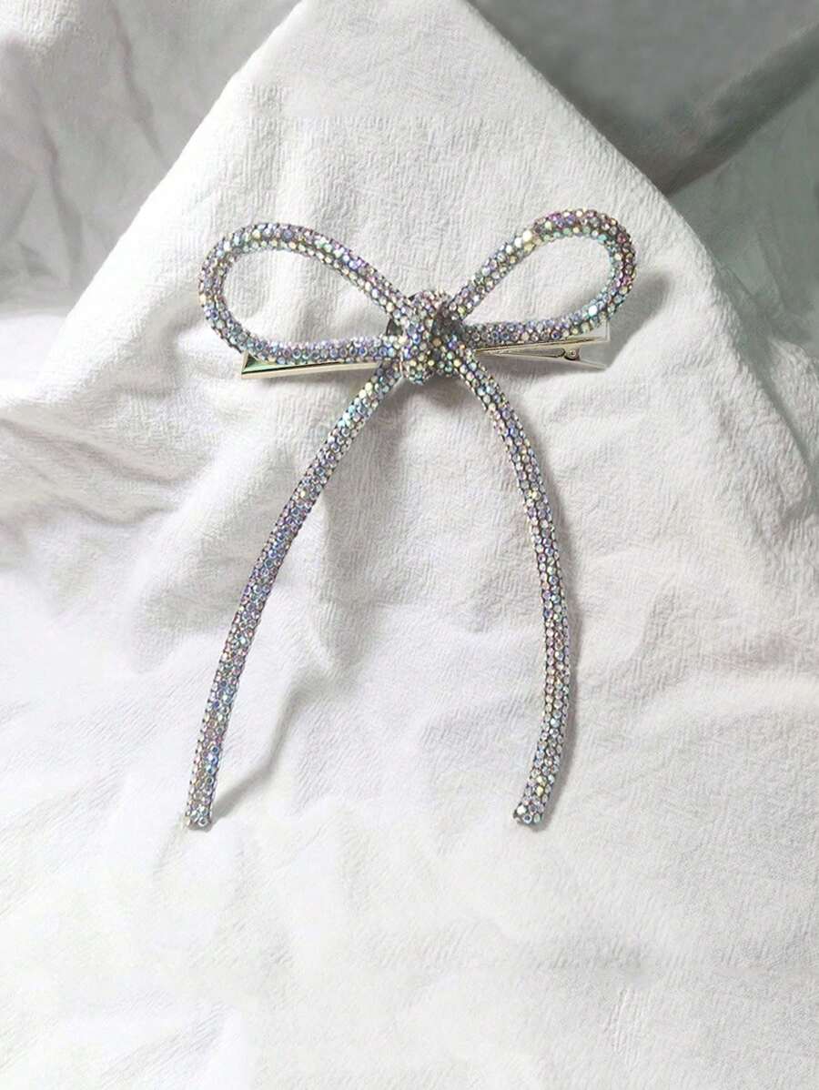1/2pcs Women White Rhinestone Bow Tie Ribbon Duck Clip Fashionable New Bangs Hair Clip Decor Accessory Suitable For Dress, Party, Prom, Can Be Used As Gift (Random Clip Direction), School Stuff, College