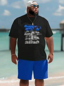 3D Digital Print Plus Size Men's T-Shirt & Shorts Set, Hawaiian Resort Style Coconut Tree Pattern Round Neck T-Shirt And Shorts Set, Breathable Sports Outdoor Plus Size Men's 2 Pieces Set - Black - View 2