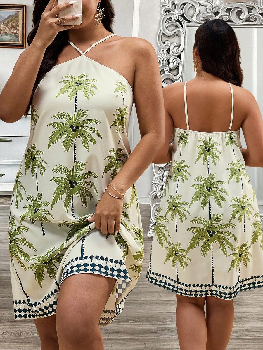 Plus Size Women's Floral Print Halter Neck Sleeveless Dress, Random Print - Multicolor - View 1