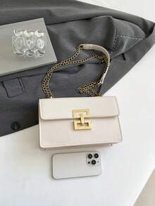 1 Stück Damen Mode minimalistischer quadratischer PU Umhängetasche, vielseitige kleine Messenger Tasche, Kettengurt - Weiss - Übersicht 8
