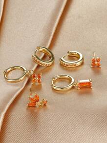 3 pièces Set de boucles d'oreilles pendantes à la mode avec zirconium orange pour femmes. Boucles d'oreilles à fleurs pendantes en acier inoxydable. Bijoux de piercing