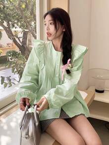 Damska elegancka bluzka z długim rękawem i falbaną w stylu francuskim, luźna plisowana bluzka z okrągłym dekoltem, wiosna/lato