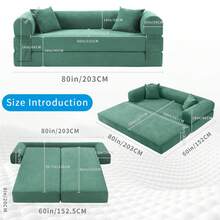 Compression Sofa - Convertible Floor Foldable Sofa Bed - With 2 Pillows, Corduroy, Queen Size - Aqua - View 5