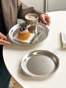 1 件美式不锈钢炸鸡小吃盘、扁平蛋糕/糕点盘、烧烤托盘、下午茶咖啡圆形托盘 - 銀色 - 查看 3