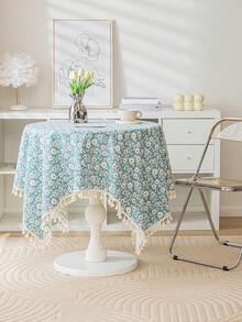 1pc Nordic Style Printed Tassel Square Tablecloth, Polyester Material Suitable For Restaurant & Party Decoration - Blue - View 1