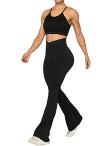 tooluck Womens Flare Leggings With Tummy Control Crossover Waist And Wide Leg Black - màu đen - Xem 4