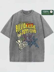 Billionaire Boys Club Printed T-Shirt, 1 Piece, 230g Washed, High-Quality Wax Printed Cotton Retro Fashion Brand T-Shirt, Suitable For Summer T-Shirt With A Certain Thickness, Holiday Gift - 深灰色 - 查看 1