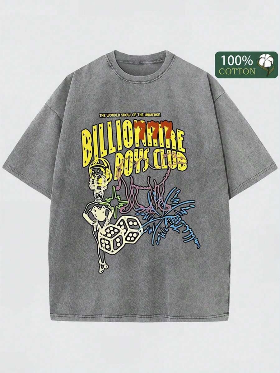 Billionaire Boys Club Printed T-Shirt, 1 Piece, 230g Washed, High-Quality Wax Printed Cotton Retro Fashion Brand T-Shirt, Suitable For Summer T-Shirt With A Certain Thickness, Holiday Gift - 深灰色 - 查看 1