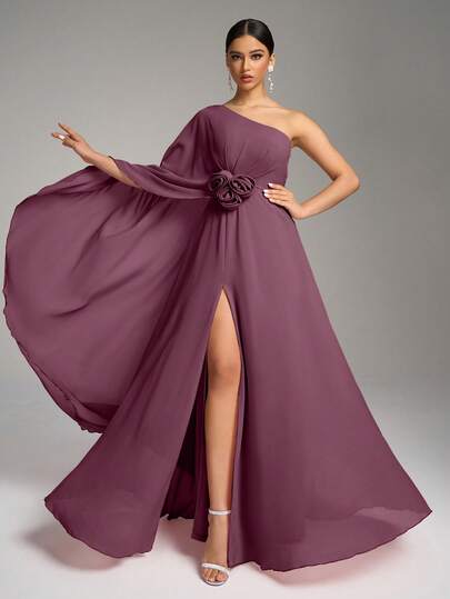 SUPGIR Asymmetrical Neck Sequin Sleeve Waist Floral Decor Slit Hem Long Chiffon Dress, Bridesmaid Dress