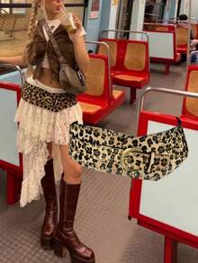European & American Y2K Chic Spring/Summer New Fluffy Leopard Print & White Full Stud Embellished Wide Ladies Belt, Fashionable Niche Ins-Style High-End Belt Compatible With Skirts, Pants, Coats, Versatile Rivet Extra Wide Waistband Summer, School Fall, Autumn, Halloween - Multicolor - View 2