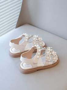 1 Pair New Fashion Toddler Girls Sandals, Flower & Pearl Hook And Loop Design, Non-Slip Soft Bottom Flat Shoes, Suitable For Summer
