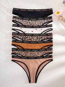 7pcs/Pack Women's Solid Color, Leopard & Heart Print Elastic Waistband Comfy Briefs - Multicolor - View 4