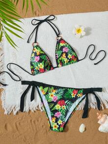 Summer Newest Floral Print Halter Tie Up Sexy Bikini Set - Multicolor - View 2