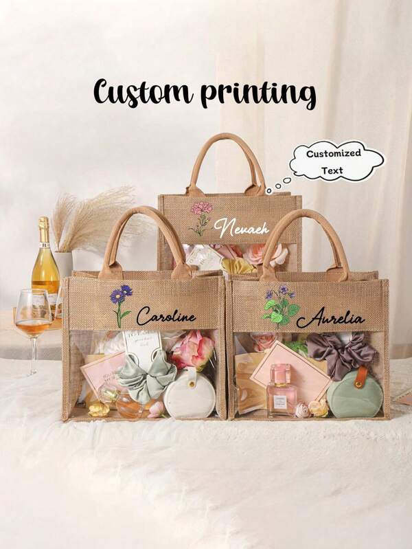 1pc Custom Text & Birthday Flower Print Jute Canvas Tote Bag, Letter Pattern Hand Carry Bag For Bridesmaid Gifts, Beach, Shopping, Commuting, Suitable For Wedding, Birthday, Mother's Day, Valentine's Day Gifts