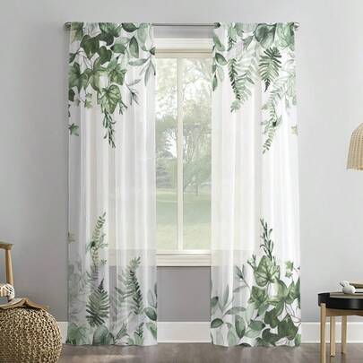 2pcs Green Leaf Pattern Sheer Curtains - Rod Pocket Design, Easy To Hang, Suitable For Kitchen, Cafe, Living Room, Dining Room, Balcony, Garden, Bedroom Decor, Spring Season