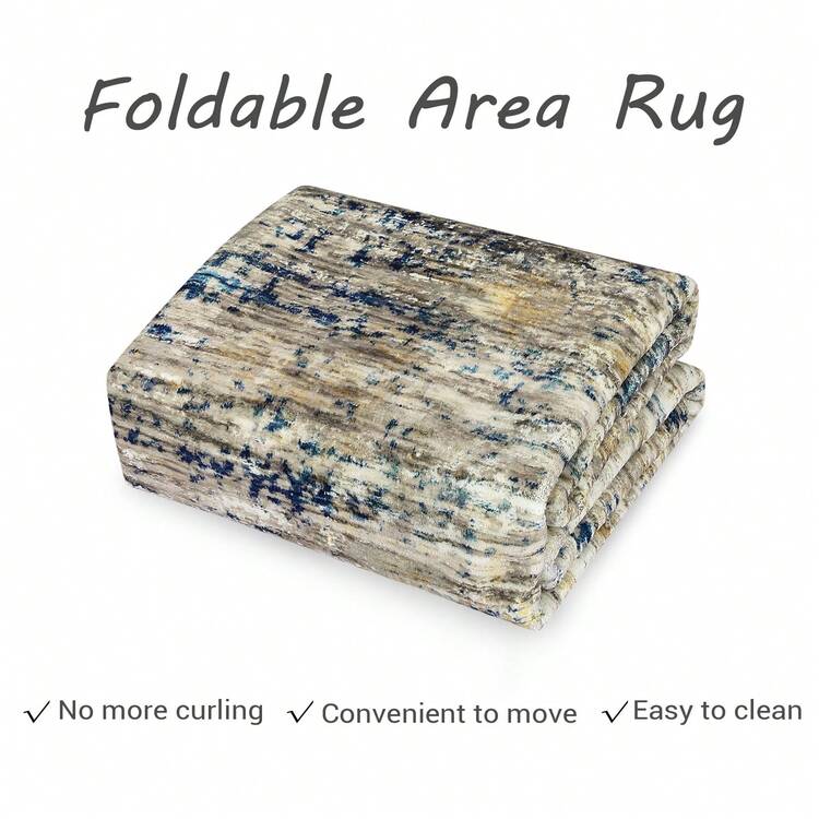 Modern Stain Resistant Abstract Art Rug In Blue-Camel - Machine Washable Non-Slip Carpet, Neutral Indoor Floor Rug For Living Room Bedroom - Blue Camel - View 9