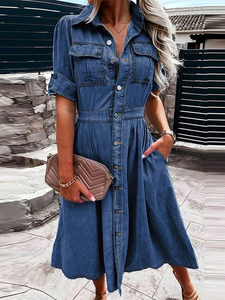 Women's Denim Shirt Dress V-Neck Short Sleeved Waist A-Line Jeans With Pockets Dress - Rửa tối - Xem 1