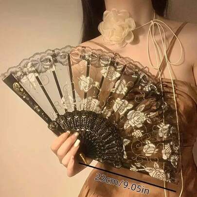 欧式复古蕾丝花卉女扇，夏季兰花扇，适合跳舞、表演、摄影、折扇最佳礼物