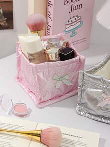 1 Piece Pink Bow Design Storage Basket,Desktop Clutter Storage Basket, Tabletop Miscellaneous Storage Basket, Lipstick Makeup Brush & Skincare Product Storage Basket, Waterproof Cosmetic Storage Basket,For Brushes And Skin Care Products Storage And Organization,Desktop Decor, Makeup Organizer Rack,Plastic Basket,Toy Basket,House Decor,Table Decor,Home Decor Items,Room Decor,Bedroom Decor,Gifts - Multicolor - View 2