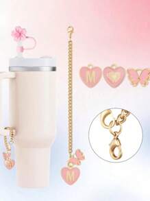 2pcs/Set Accessories For 30-40oz Cups, Pink Letter Cup Marker And Silicone Fuchsia Flower Straw Lid, Silicone Anti-Slip Protective Cover, Reusable 10mm Thick Straw Lid, Cute Letter Decor Fits Modern Minimalist Glass Cups, Back To School Supplies