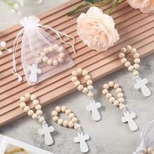 木制散装木制天主教念珠白色网袋适用于洗礼第一次新娘送礼会男士女士