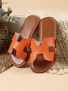 1 par de sandalias planas de color naranja talla grande para niñas, sandalias de PU de unicolor cómodas con tira, puntera redonda, antideslizantes, lindas y adecuadas para niños y niñas de 3 a 15 años, para uso diario, casual, fiesta, viaje, nueva llegada primavera/verano 2026 - Naranja - Ver 4