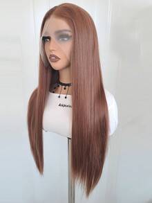 13x4 棕色天然直发合成蕾丝前假发，无缝发际线，耐热纤维，柔软直发，适合角色扮演 - 棕色 - 查看 6