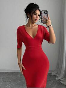 Vestido de cóctel midi acampanado y ajustado con escote en V profundo y manga corta para mujer - Rojo - Ver 2