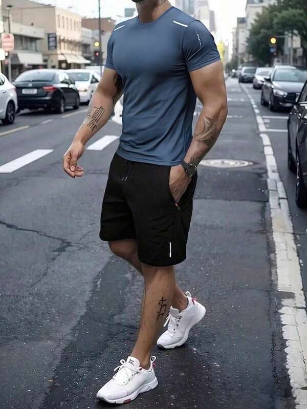 Men's T-Shirt Set, Summer Silky Short Sleeve T-Shirt With Printed Design, Casual, Sports, Breathable, Quick-Dry Top & Knee Length Training Shorts