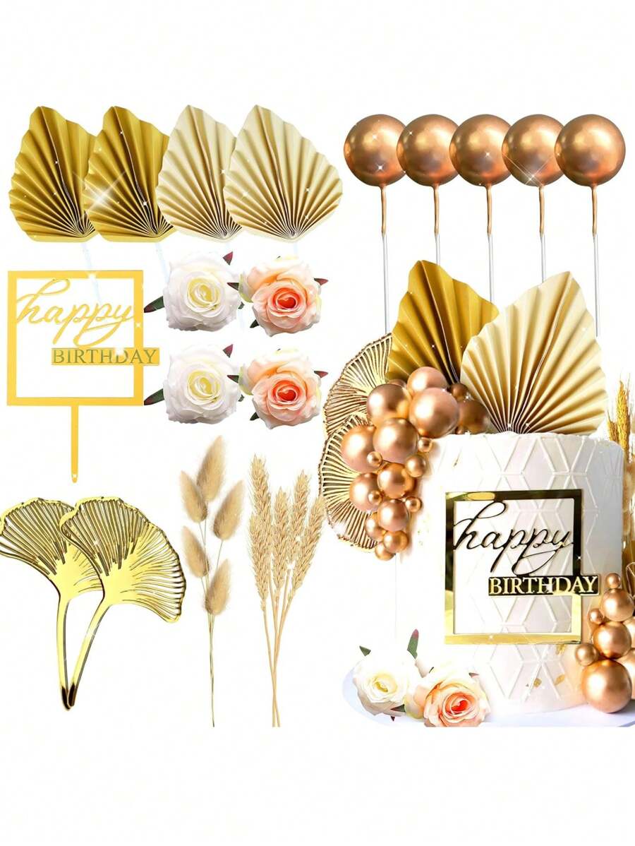 26 Stück Boho Champagner Rose Tortendeko Kugeln, Tortendekoration mit goldenen Palmblättern, boheimische weiß-goldene Tortenkugeln, Bohème Party Zubehör für Bohème Hochzeit, Taufe, Geburtstagsfest, Muttertag (Bohème), Weihnachten