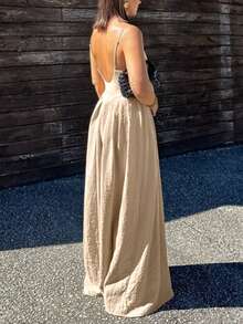 女士春夏休闲度假细肩带露背褶皱连衣裙