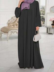 1 chiếc váy Abaya đơn giản, thiết kế xếp ly phía trước và tay áo, thời trang, áo choàng thường ngày đa năng, phù hợp cho mọi dịp, cầu nguyện - màu đen - Xem 4