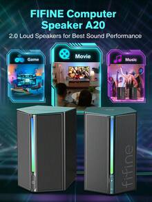 Speaker Komputer FIFINE A20, Speaker PC Berkabel dengan Pencahayaan RGB, Kontrol Volume, Didukung USB, Penguat Bass, Saklar On/Off, Lampu RGB yang Dapat Diatur, Kabel Audio 3.5mm, Cocok untuk Laptop, Monitor, Ponsel, Tablet - Hitam - View 3
