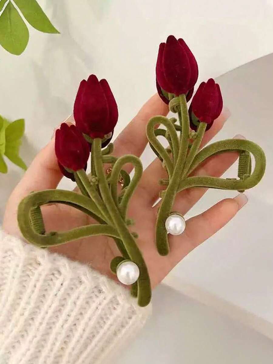 1件優雅紅色合金植絨鬱金香仿珍珠髮飾髮夾，時尚高端大花髮夾髮飾