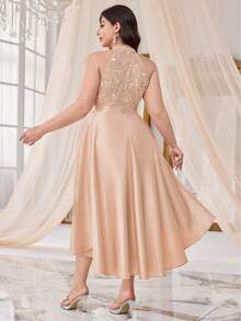 加露背亮片蕾丝拼接撞色缎面高低 A 字下摆晚会礼服、毕业礼服、优雅舞会半正式婚礼宾客礼服，适合生日、返校节 - 香檳色 - 查看 3