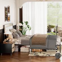Full Size Rattan Bed Frame Metal Platform Bed With Headboard No Box Spring Needed Beige