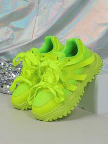 2025 Autumn Women's Neon Green Stylish Fashion Sneakers, Lace-Up, Non-Slip, Wedge Chunky Chunky Sneakers, Suitable For Holiday Parties, Gatherings, Fashionable Outings, - Green - View 6