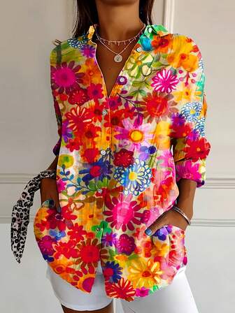 Women's Floral Print Long Sleeve Single-Breasted Casual Shirt