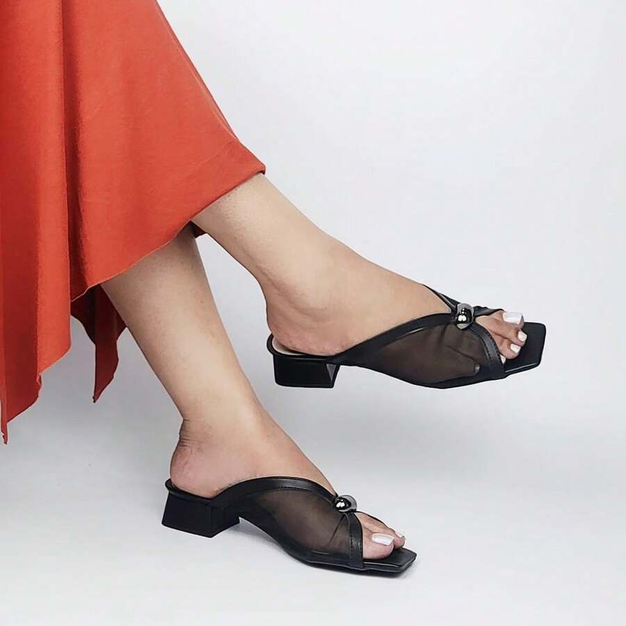 Leopard Clogs With Low Block Heel Transparent Mesh Autumn Winter - Black - View 1