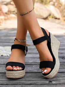Sandales à talons hauts élégantes pour femmes : sandales à bout rond avec semelle en corde, sandales élégantes avec sangle arrière, convenant aux femmes, sandales compensées à fond épais de couleur unie simple pour l'été et l'extérieur