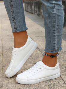 Women Plus Size White Sneakers, Fashionable Lace-Up Flat Casual Sports Shoes, School Shoes, Versatile - White - View 3