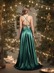 Babyonlinedress Women's Satin Prom Dress Spaghetti Straps Split Bridesmaid Long Formal Wedding Guest Evening Party Gowns - 墨綠色 - 查看 3