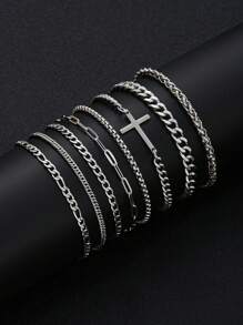 4pcs/8pcs Set Stainless Steel Cross & Artificial Zirconia Bead Bracelet For Men, Neutral Punk Business Casual Streetwear, Daily Wear