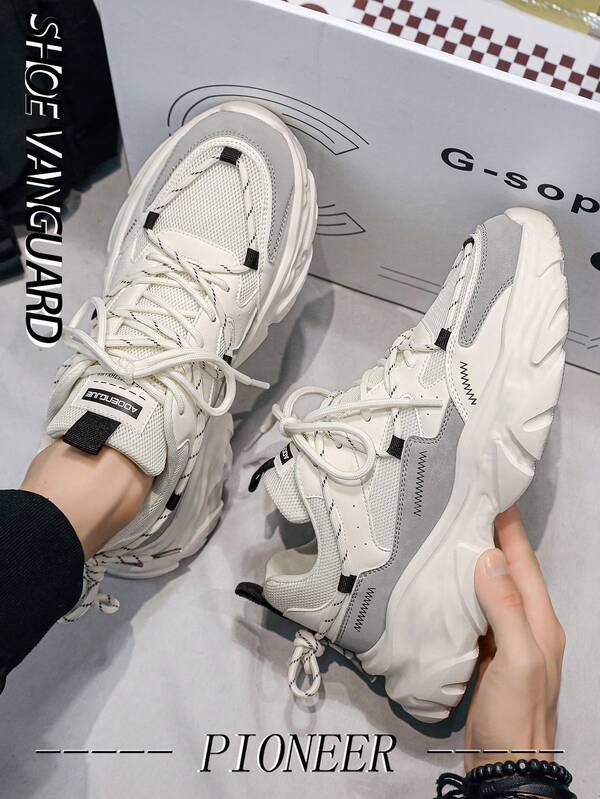 (Size Run Small) Men's Elevator Chunky Sneakers, Campus Fashion Lace-Up Shoes, Letter Graphic Color Block Casual Sporty Sneakers