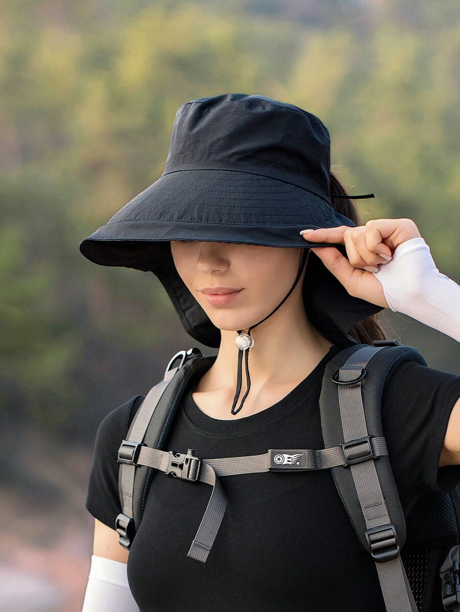 1pc Women's Lightweight Breathable Poncho Style Pony Tail Hole Quick-Drying Outdoor Sun Protection Bucket Hat With Neck Coverage, Fashionable Sun Hat Suitable For Daily Sun Protection Use