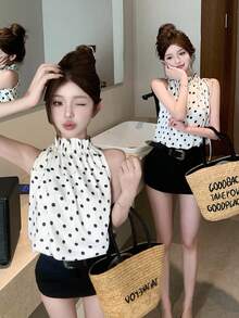 女士时尚黑色圆点缎面抽绳宽松束腰上衣