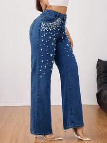 Elegant Heavy Pearl Embellished Washed Straight Leg Jeans – Luxurious & Stylish Women's Denim Pants - Rửa tối - Xem 4