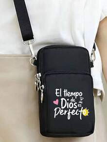 Printed With"Tiempo"Pattern Crossbody Bag,Sports Running Armband Bag, Multi Layer Mobile Phone Bag, Outdoor Cycling Wrist Bag With Earphone Hole,Women's Phone Bag, Mini Crossbody Bag, Vertical Coin Purse For Women,Sports Arm & Running Wrist Bag, Mini Casual Crossbody Phone Bag With Earphone Hole,Fashion White-Collar Workers College,Work, Business, Commute,Office,For Lover,For Birthday Gift - Black - View 1