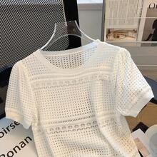 镂空网眼T恤，圆领，修身，纯色，短款，套头衫，时尚简约风格，秋季针织上衣