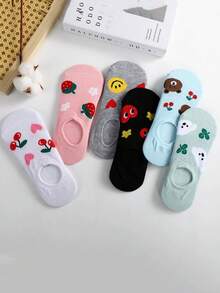 2/4/6 Pairs Summer Cute Girl Fruit & Animal Print Thin Breathable Non-Slip Invisible Socks (Random Delivery)